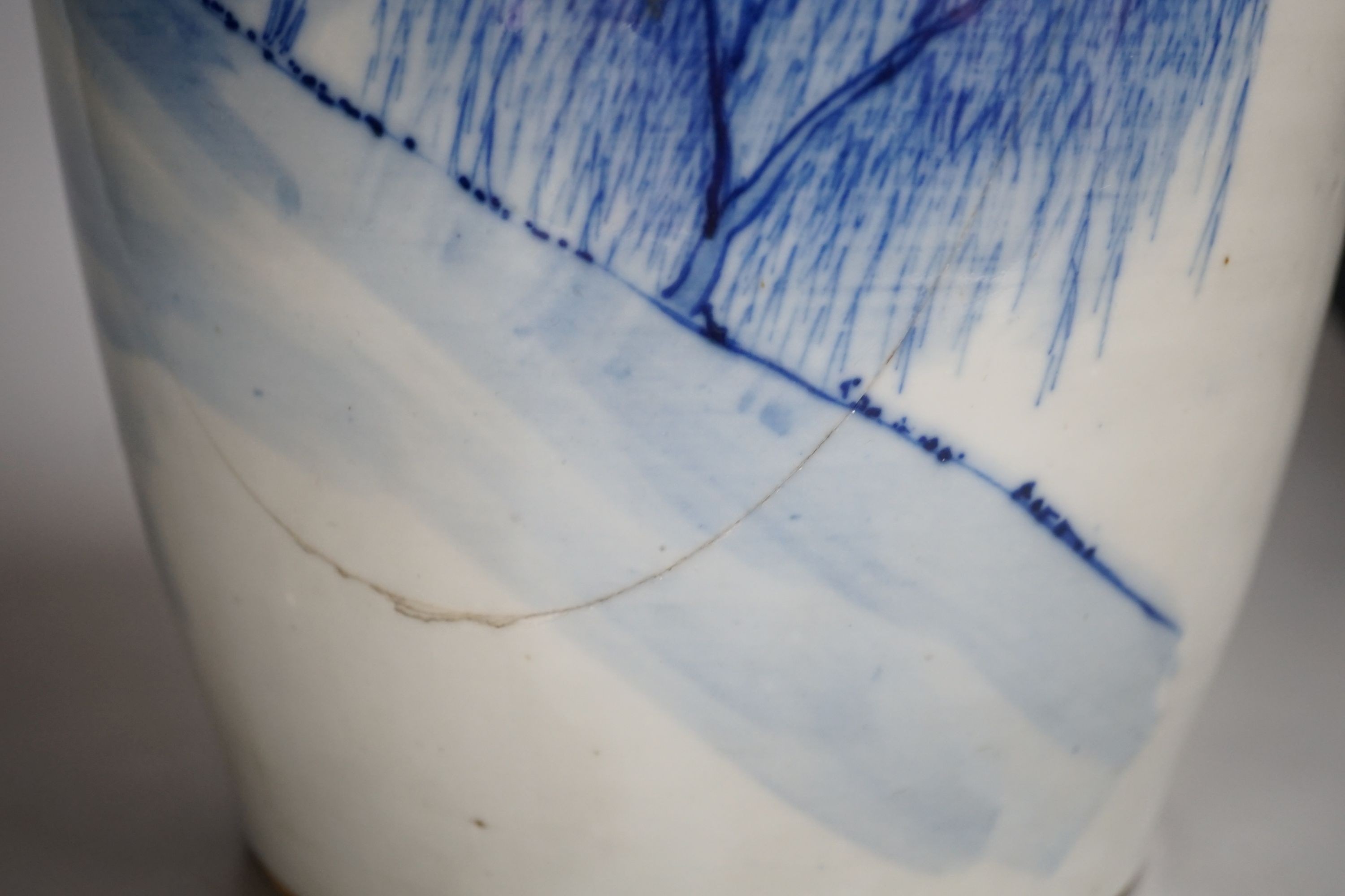 An early 20th century Chinese blue and white landscape vase converted to a lamp, total height 58cm